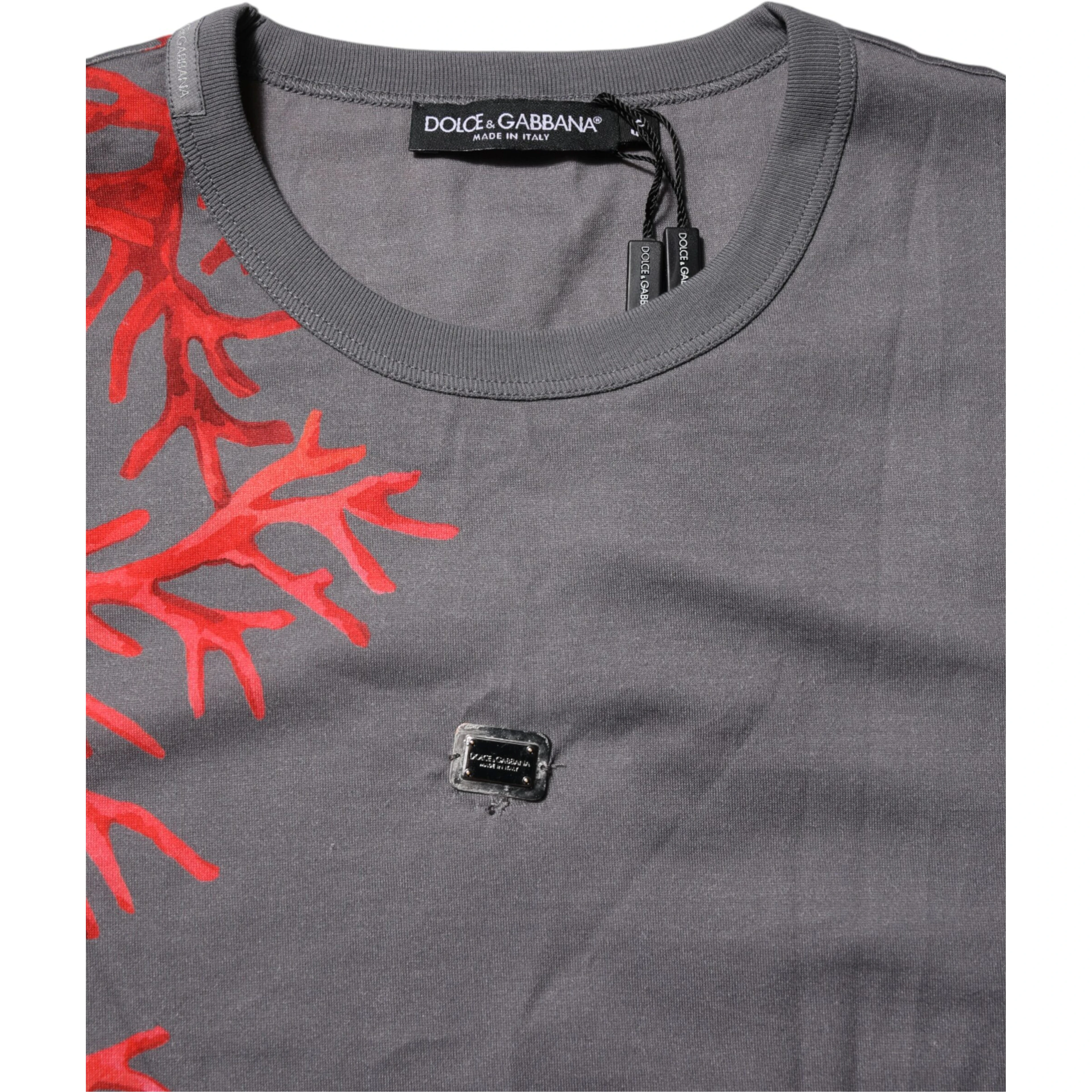 Gray Cotton Coral Print Logo Plaque T-shirt