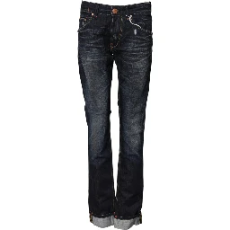 Blue Washed Cotton Mid Waist Flared Denim Jeans