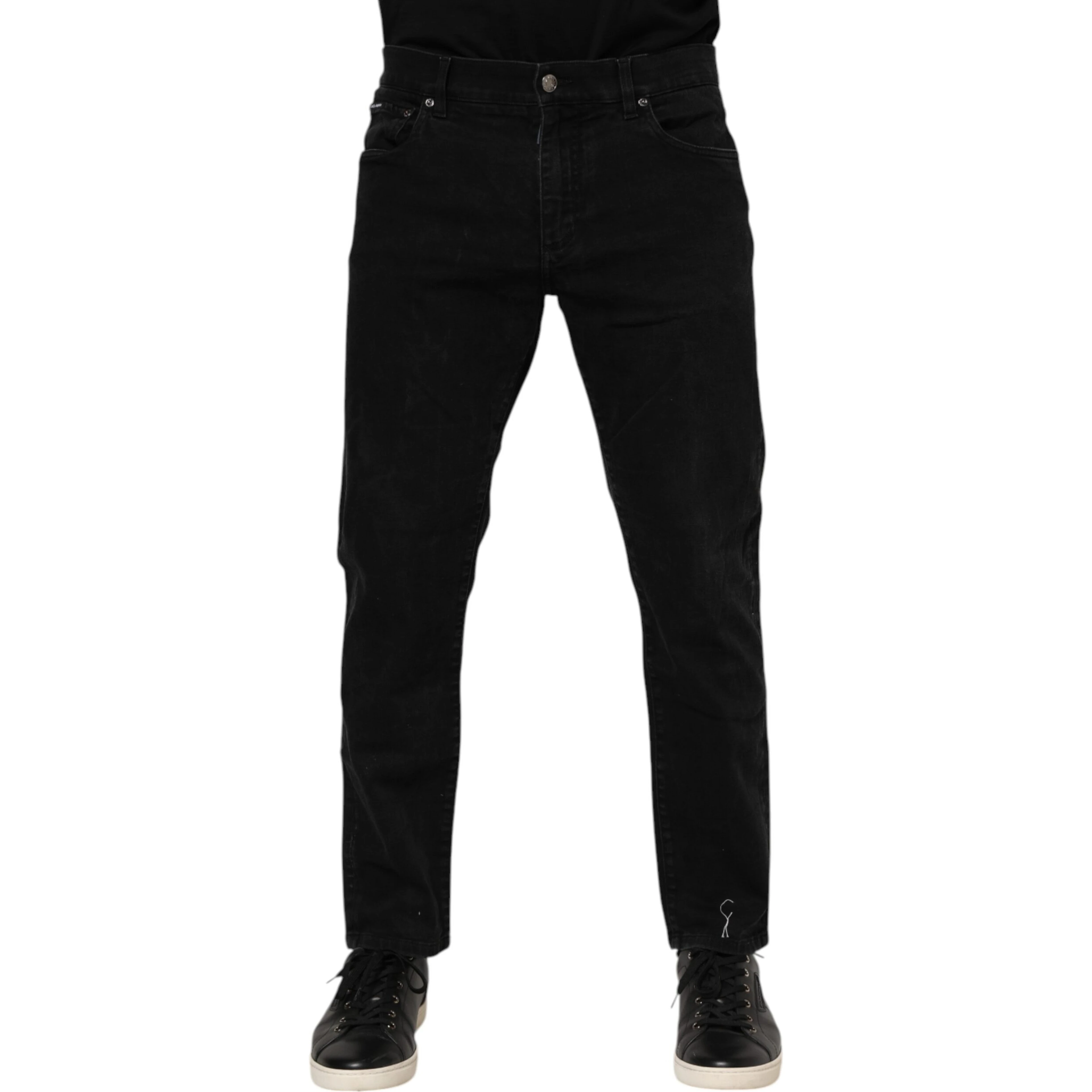 Black Cotton Logo Plaque Slim Fit Denim Jeans
