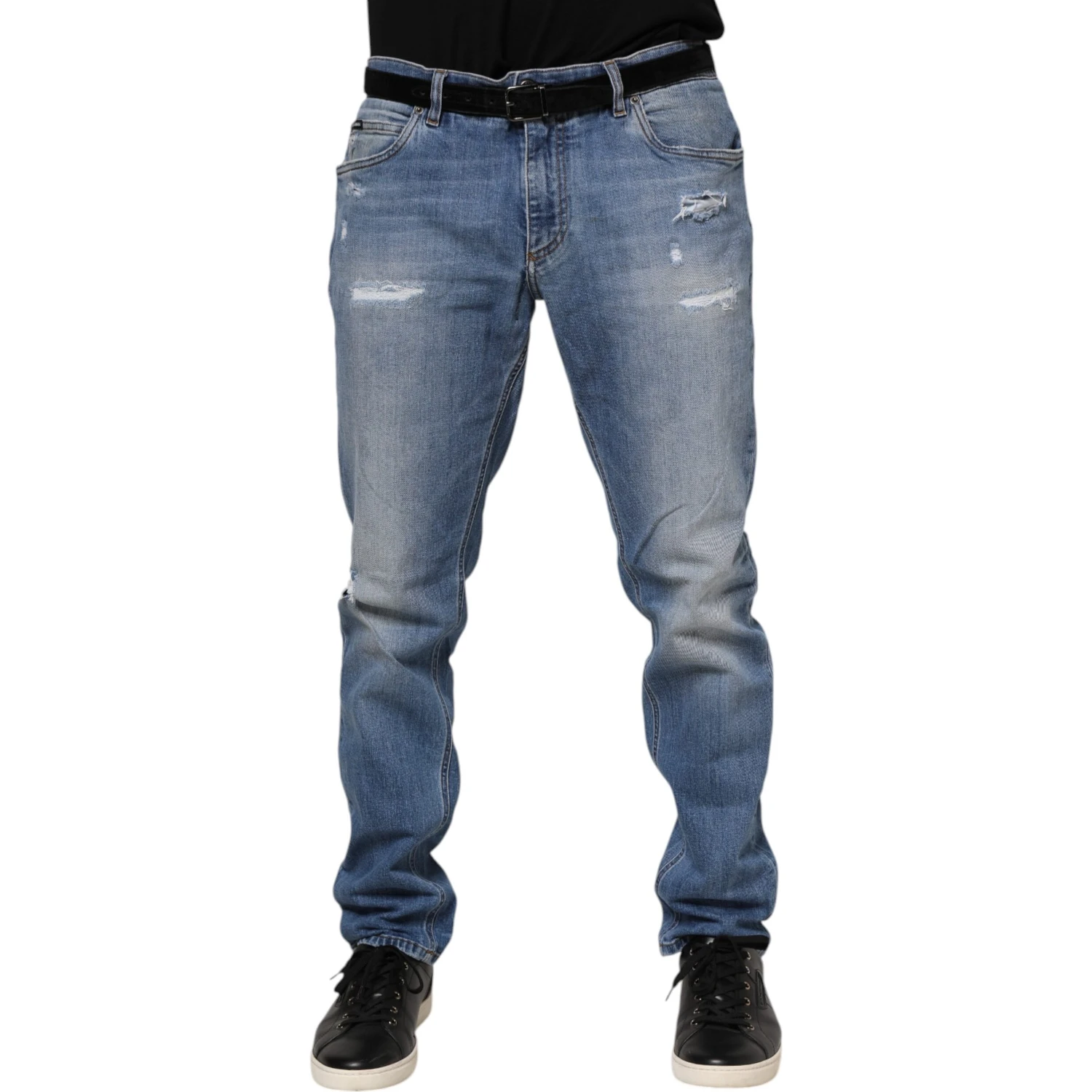 Blue Washed Tattered Logo Plaque Denim Jeans