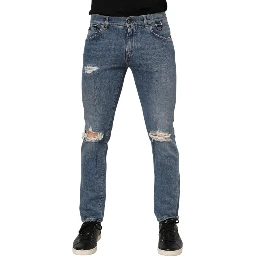 Blue Cotton Tattered Skinny Logo Denim Jeans