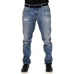 Blue Washed Tattered Logo Plaque Denim Jeans