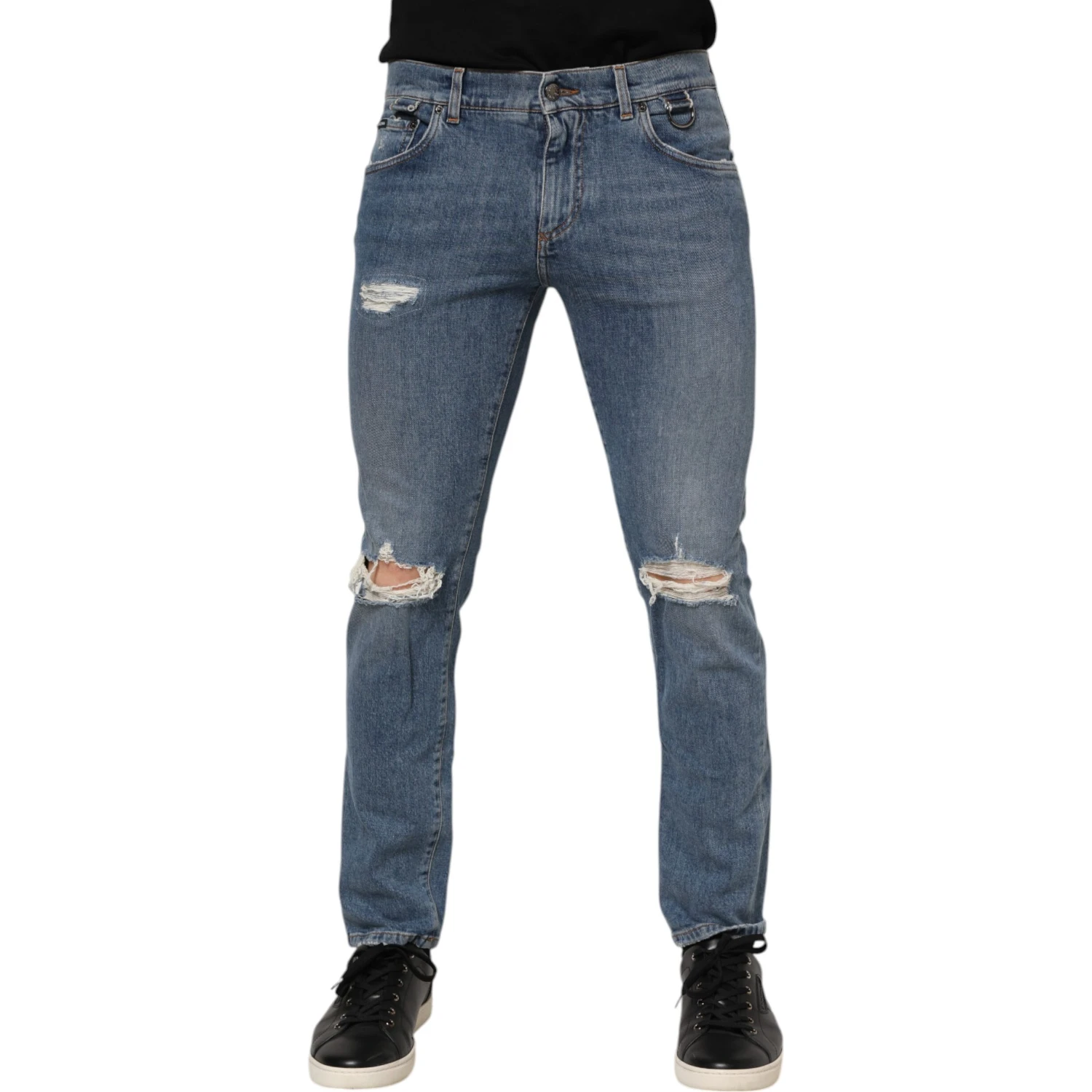 Blue Cotton Tattered Skinny Logo Denim Jeans