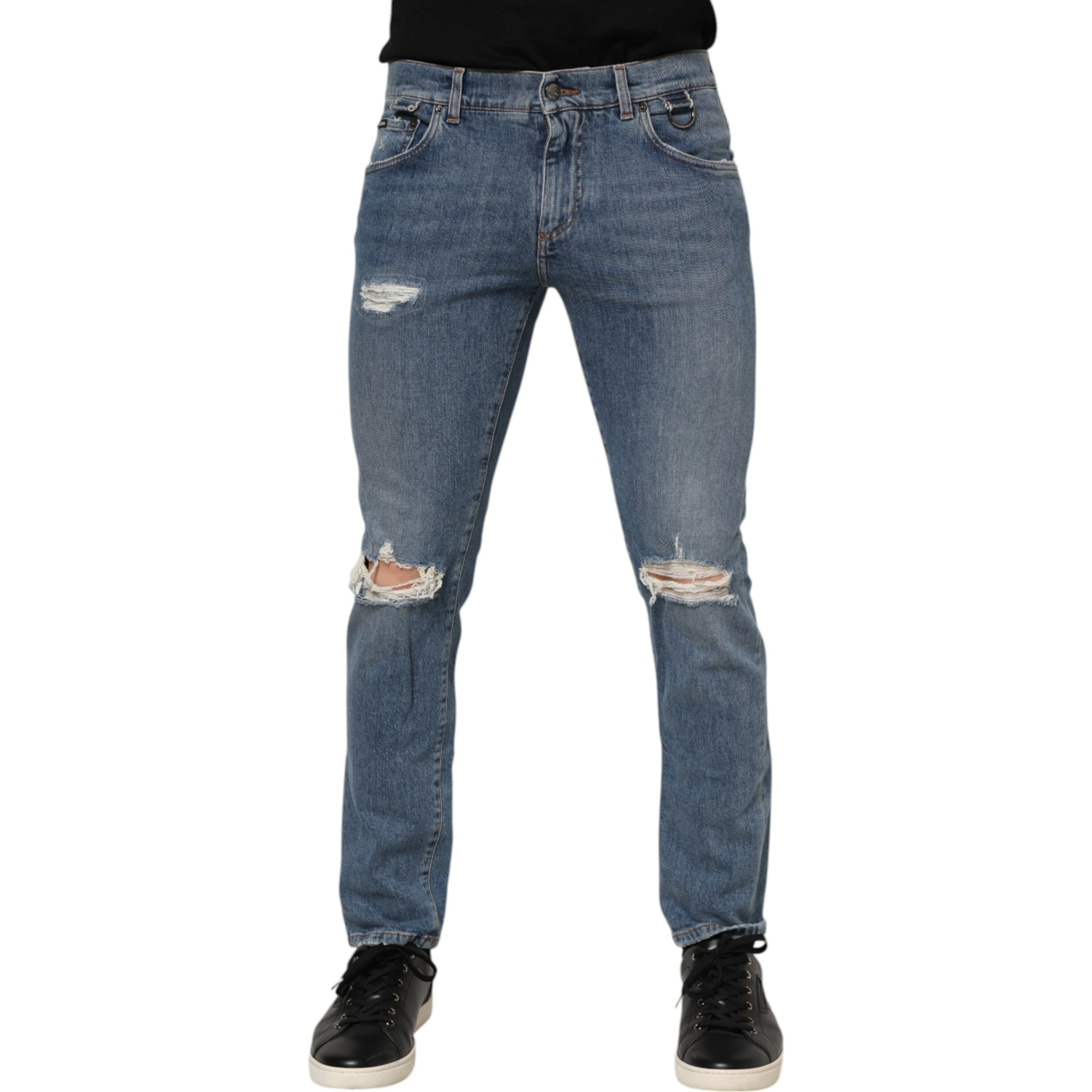 Blue Cotton Tattered Skinny Logo Denim Jeans