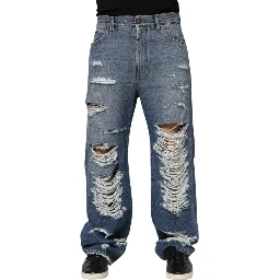 Blue Tattered Cotton Logo Plaque Denim Jeans