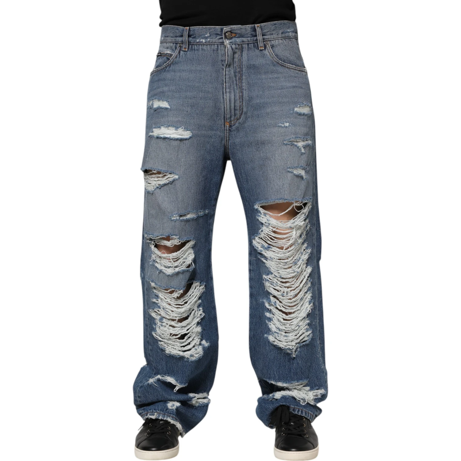 Blue Tattered Cotton Logo Plaque Denim Jeans