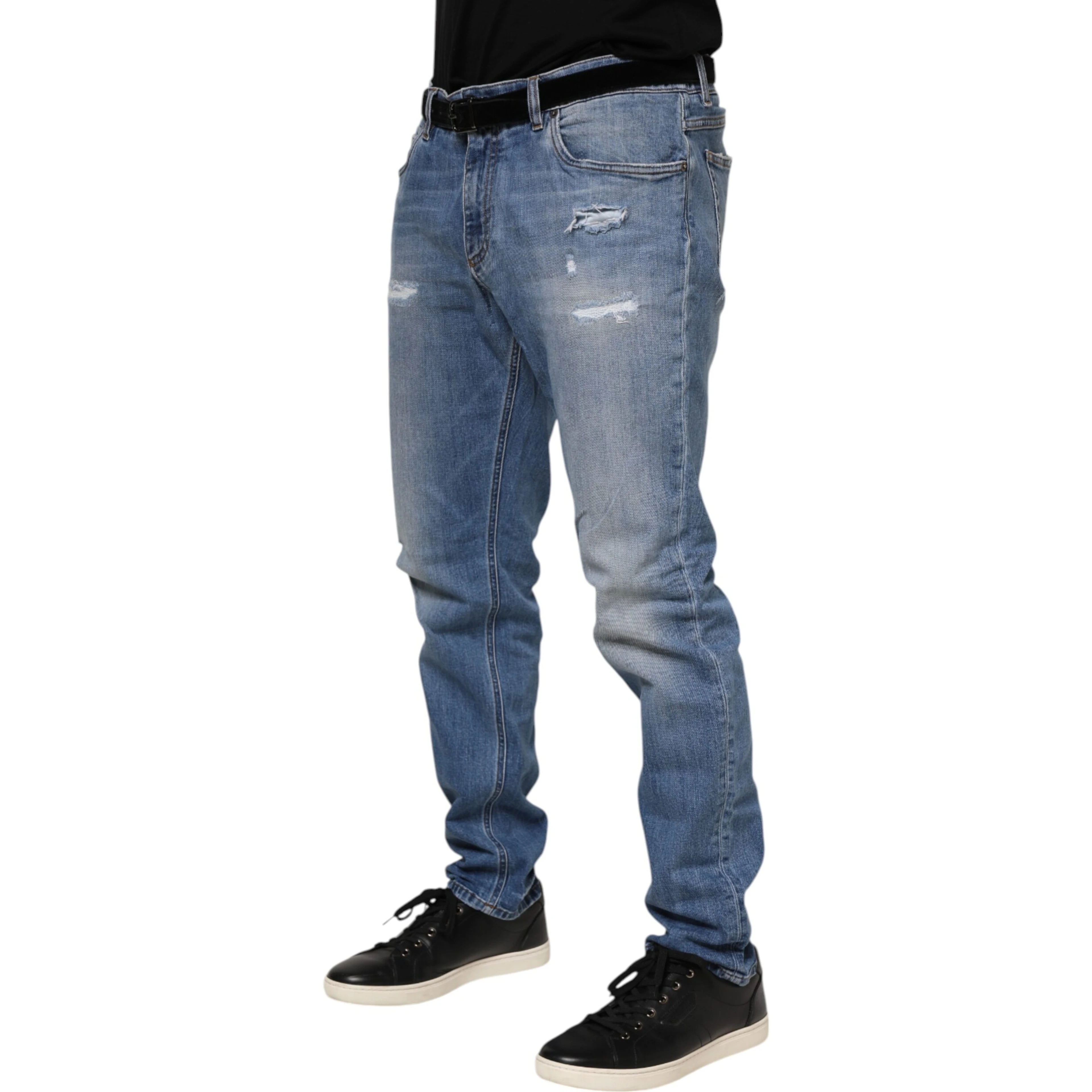 Blue Washed Tattered Logo Plaque Denim Jeans