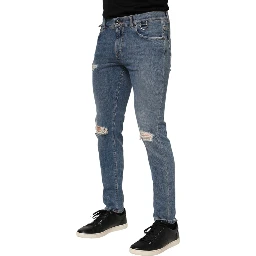 Blue Cotton Tattered Skinny Logo Denim Jeans