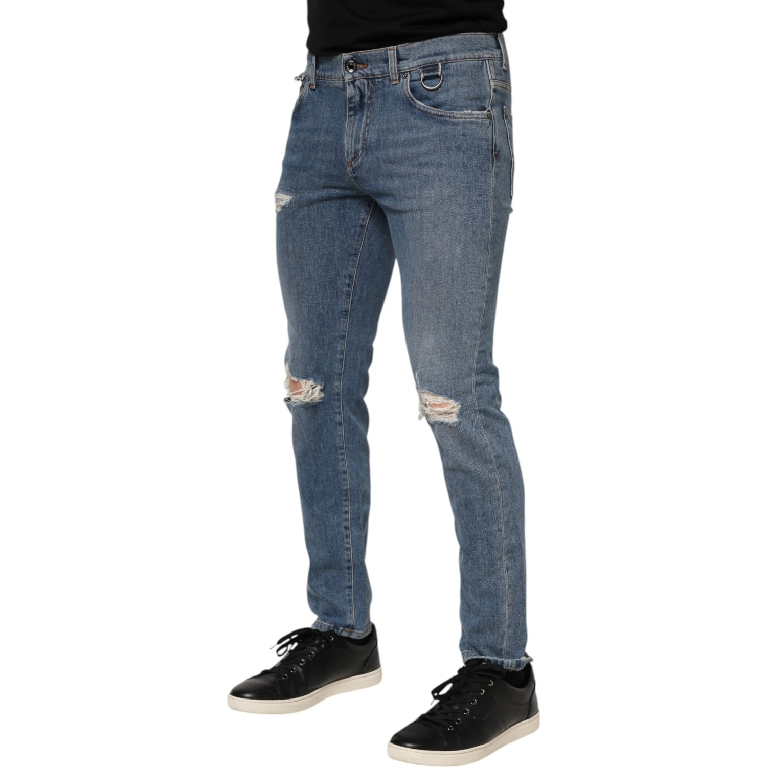 Blue Cotton Tattered Skinny Logo Denim Jeans