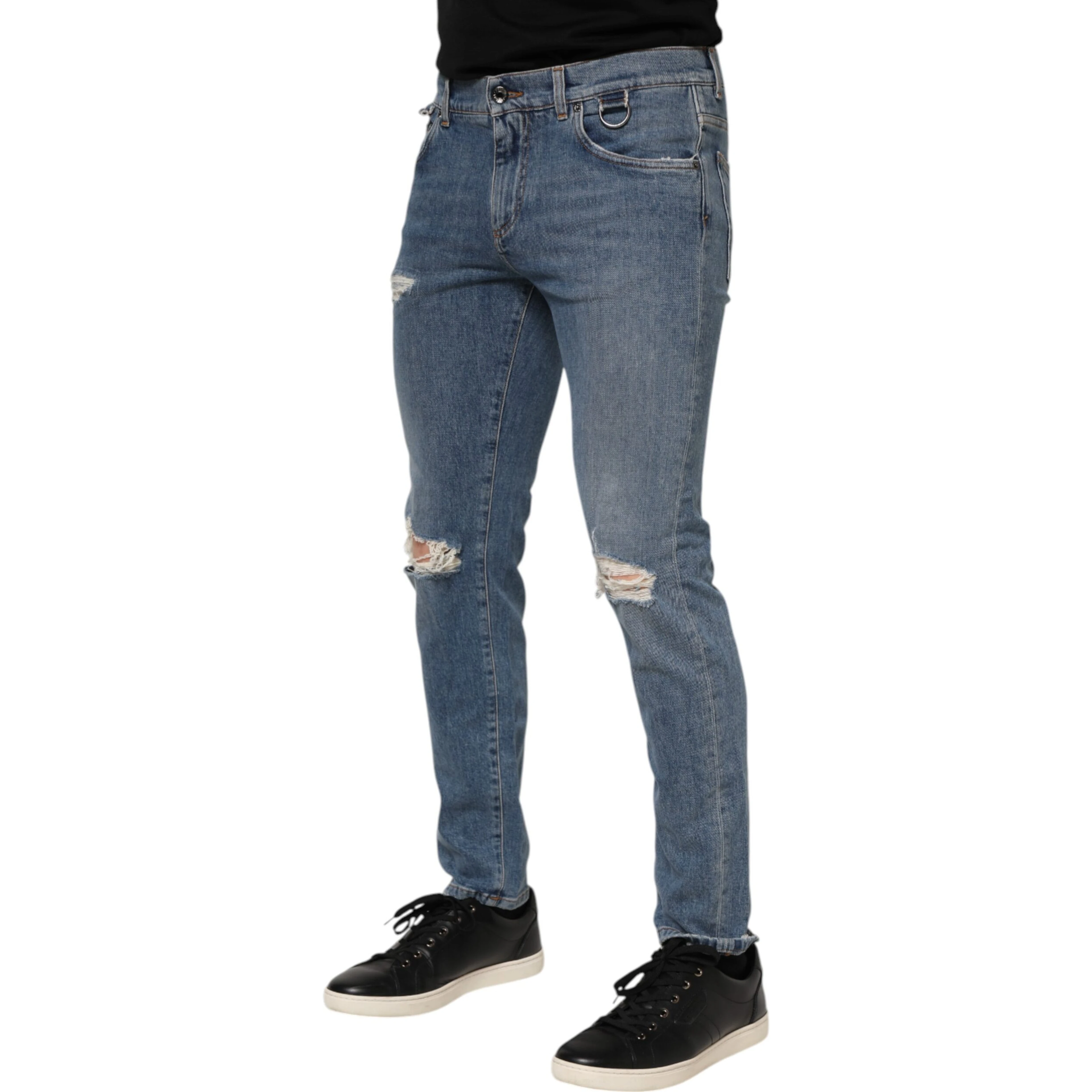 Blue Cotton Tattered Skinny Logo Denim Jeans