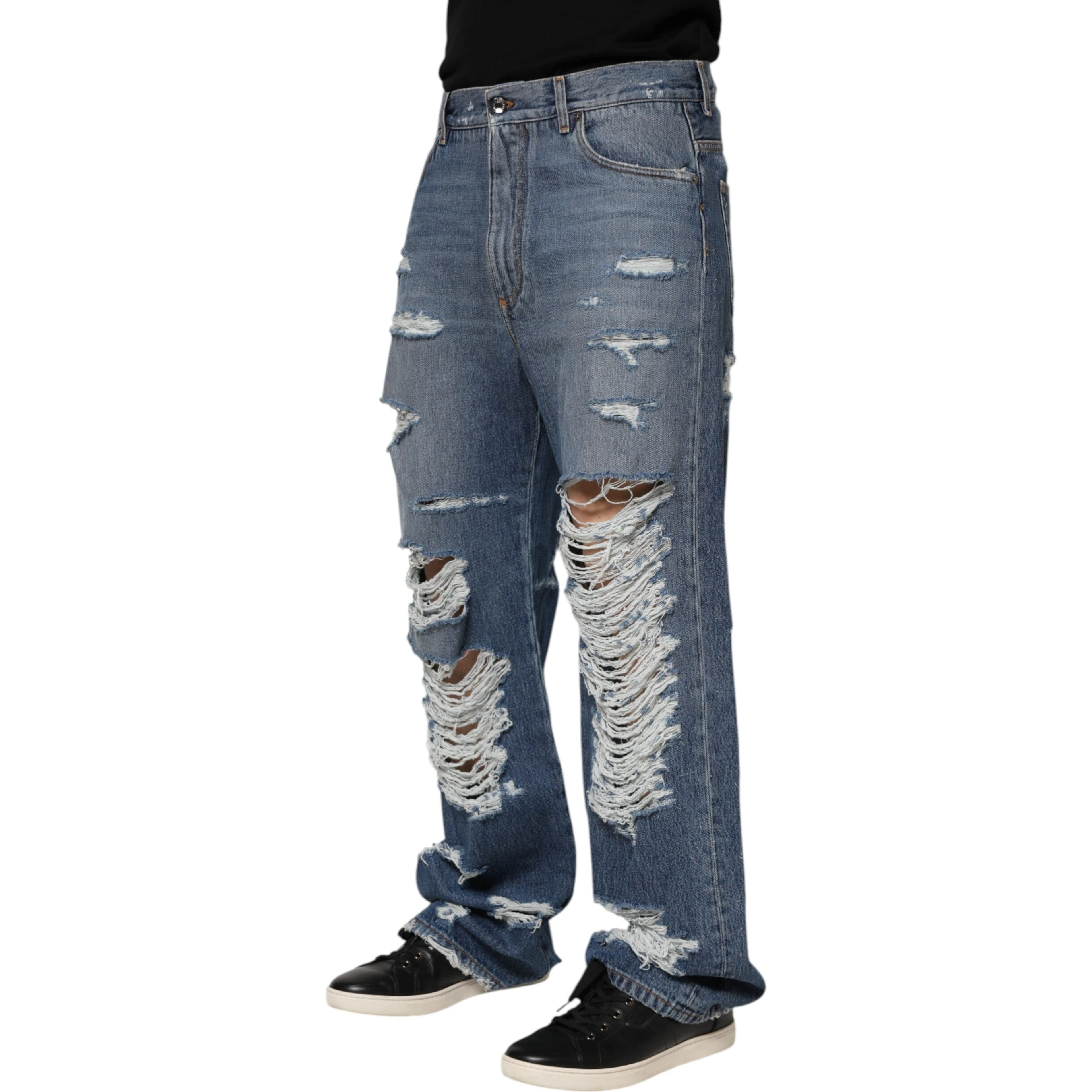 Blue Tattered Cotton Logo Plaque Denim Jeans