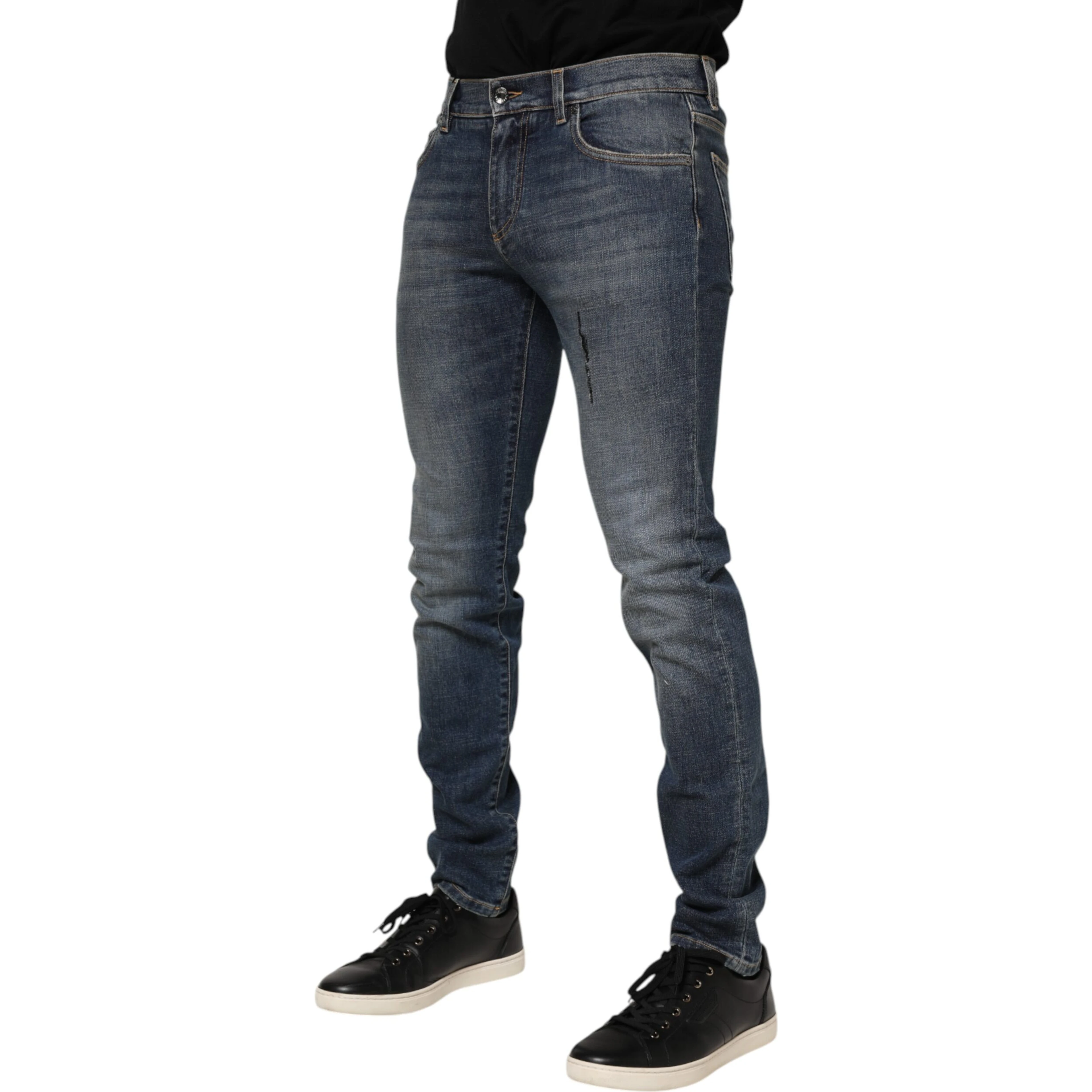 Blue Washed Skinny Logo Plaque Men Denim Jeans