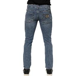 Blue Cotton Tattered Skinny Logo Denim Jeans