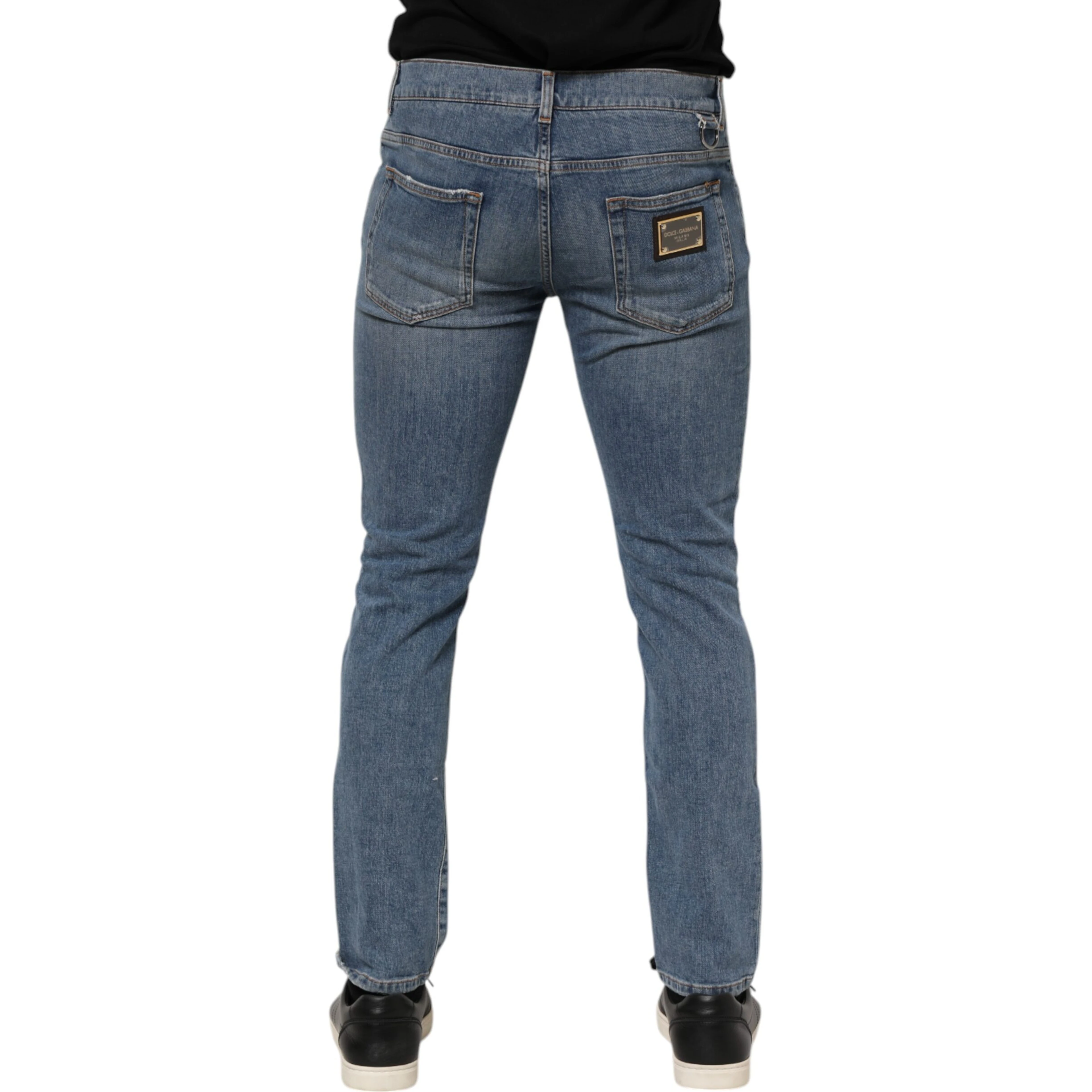 Blue Cotton Tattered Skinny Logo Denim Jeans