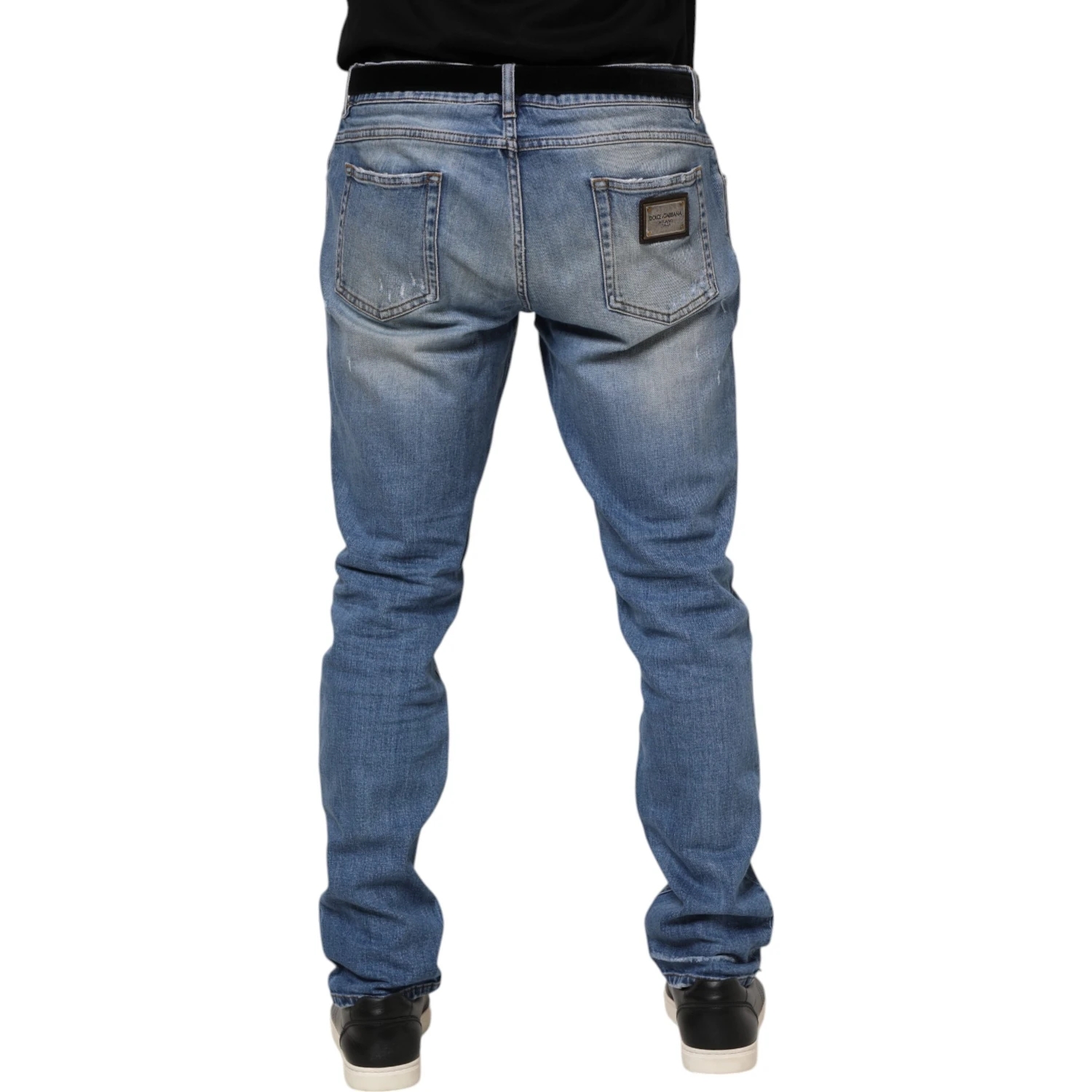Blue Washed Tattered Logo Plaque Denim Jeans