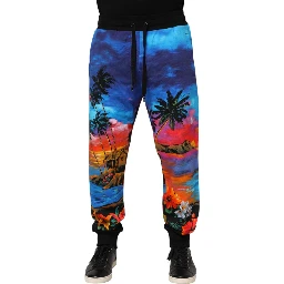 Blue Hawaiian Print Jogger Sweatpants Pants