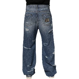 Blue Tattered Cotton Logo Plaque Denim Jeans