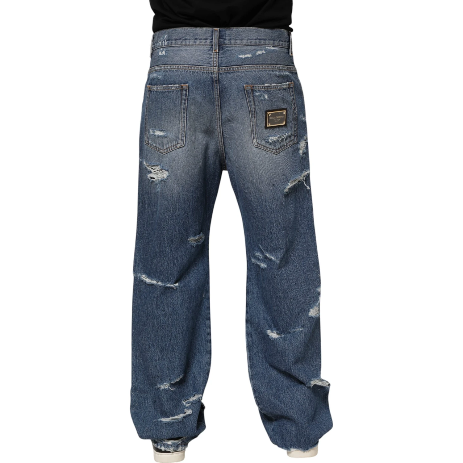 Blue Tattered Cotton Logo Plaque Denim Jeans