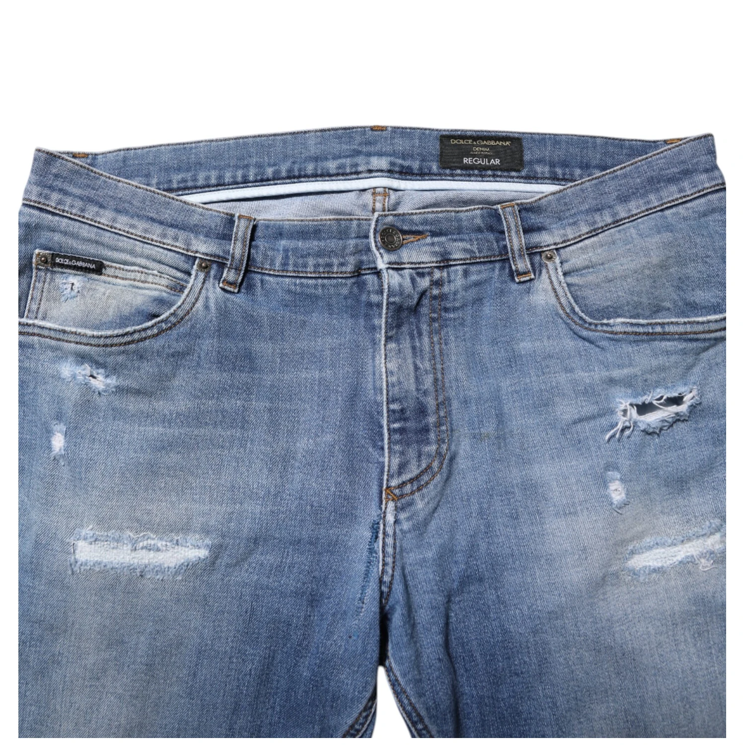 Blue Washed Tattered Logo Plaque Denim Jeans