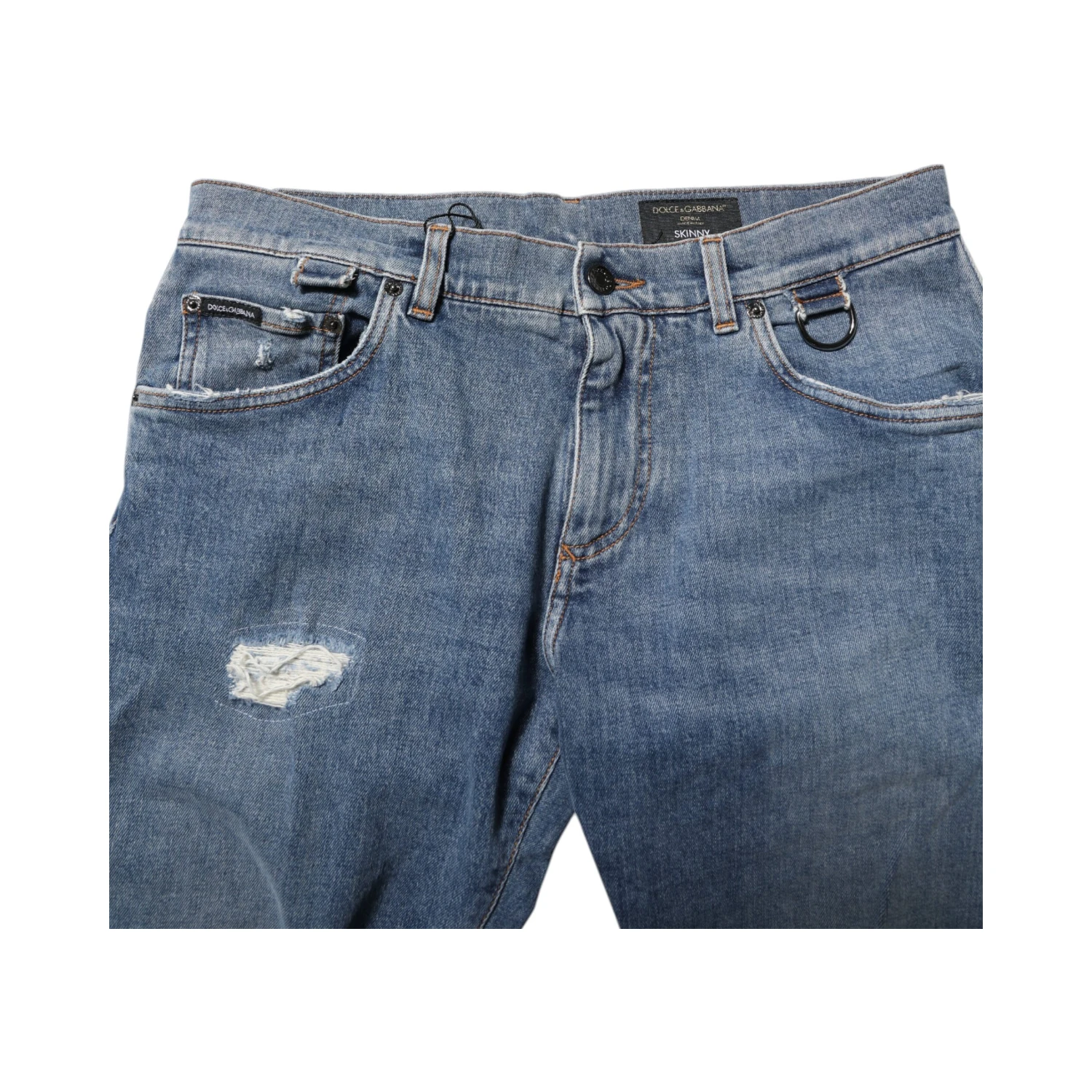 Blue Cotton Tattered Skinny Logo Denim Jeans
