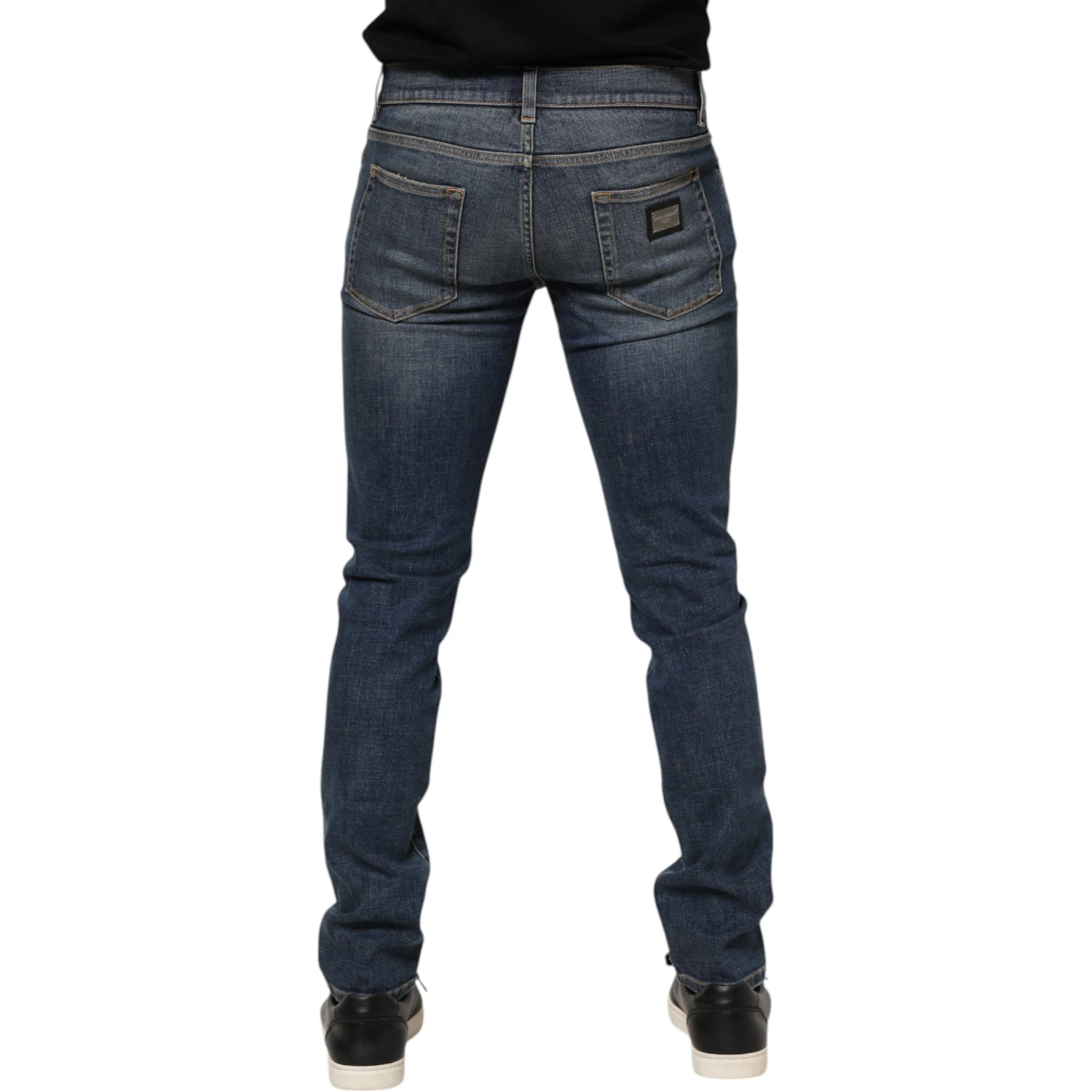 Blue Washed Skinny Logo Plaque Men Denim Jeans