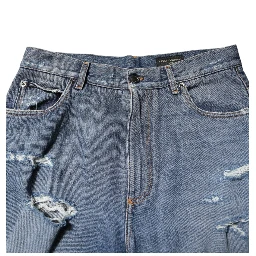 Blue Tattered Cotton Logo Plaque Denim Jeans