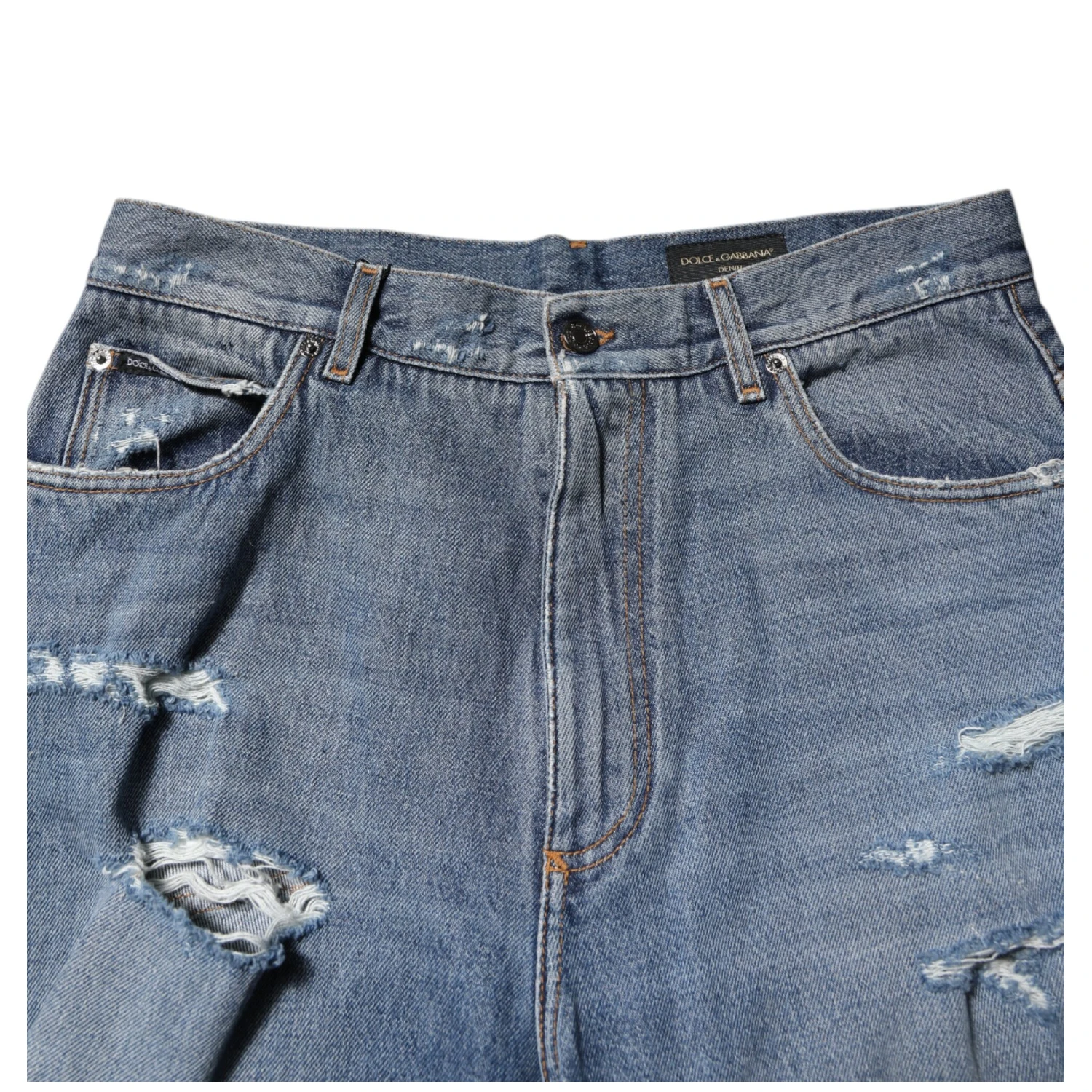 Blue Tattered Cotton Logo Plaque Denim Jeans