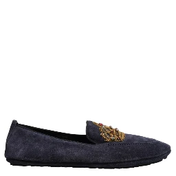 Blue Suede Crown Crystal Loafers Dress Shoes