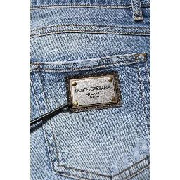 Blue Washed Tattered Logo Plaque Denim Jeans