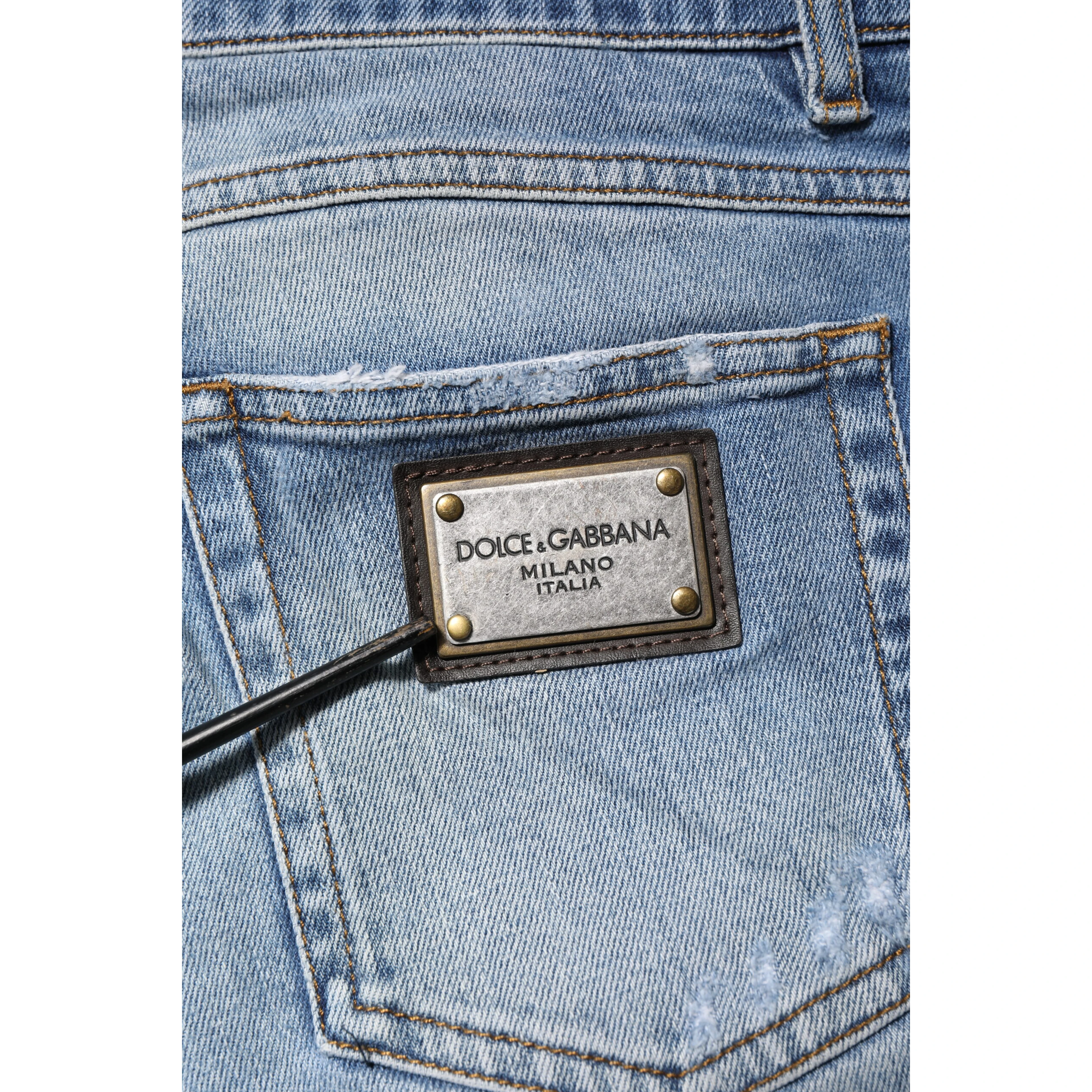 Blue Washed Tattered Logo Plaque Denim Jeans