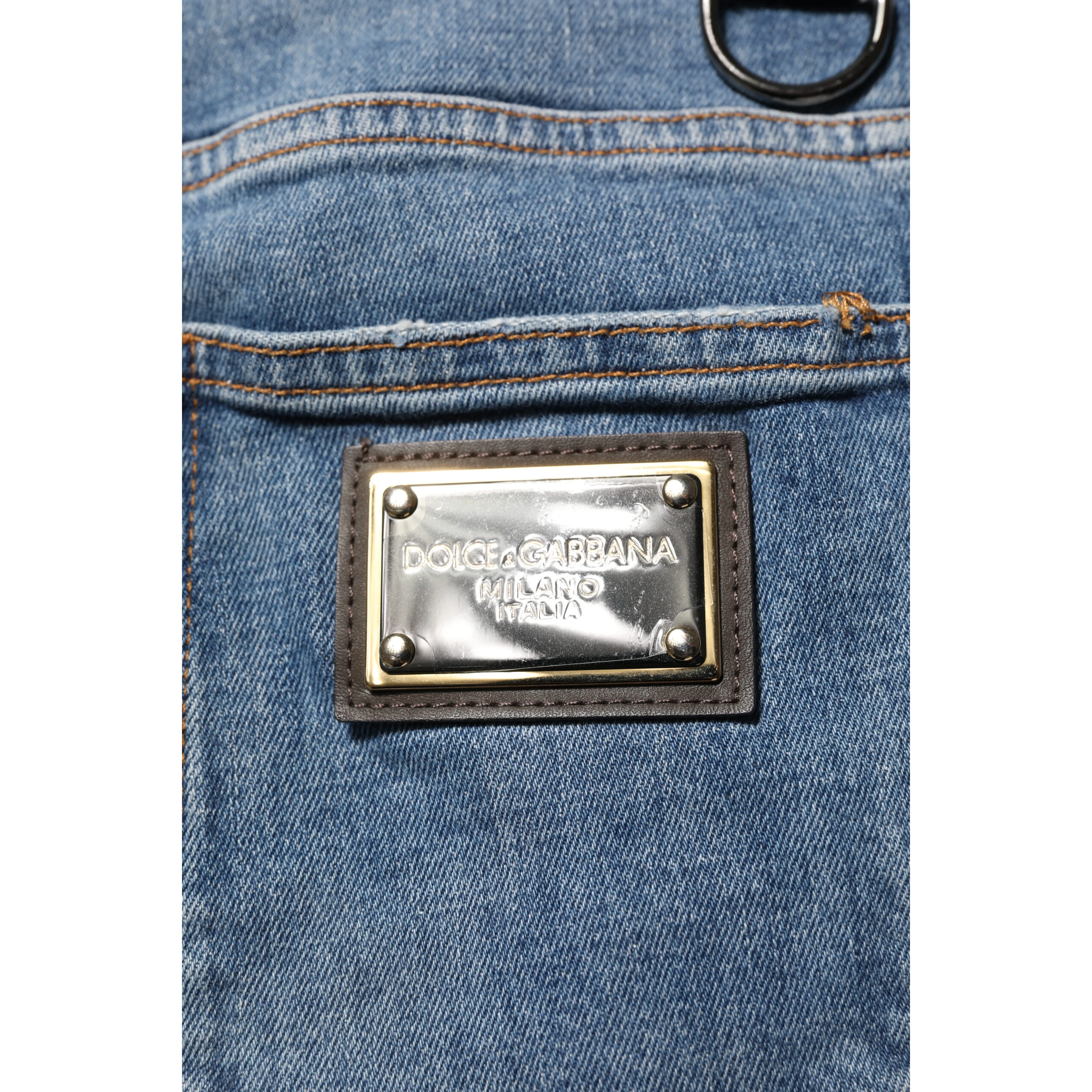 Blue Cotton Tattered Skinny Logo Denim Jeans