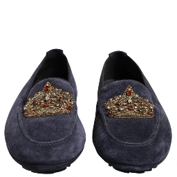 Blue Suede Crown Crystal Loafers Dress Shoes