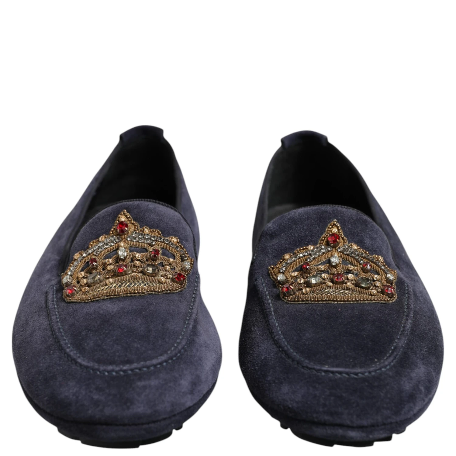 Blue Suede Crown Crystal Loafers Dress Shoes
