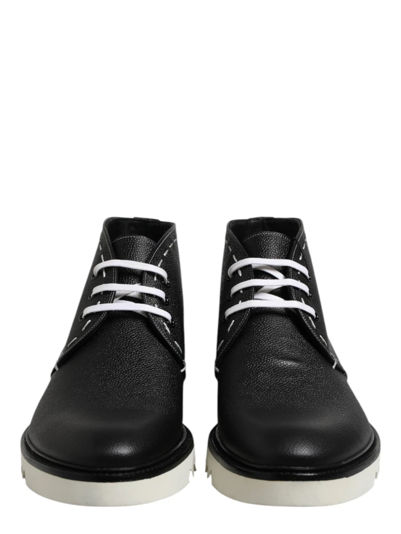 Black White Leather Ankle Boots Shoes