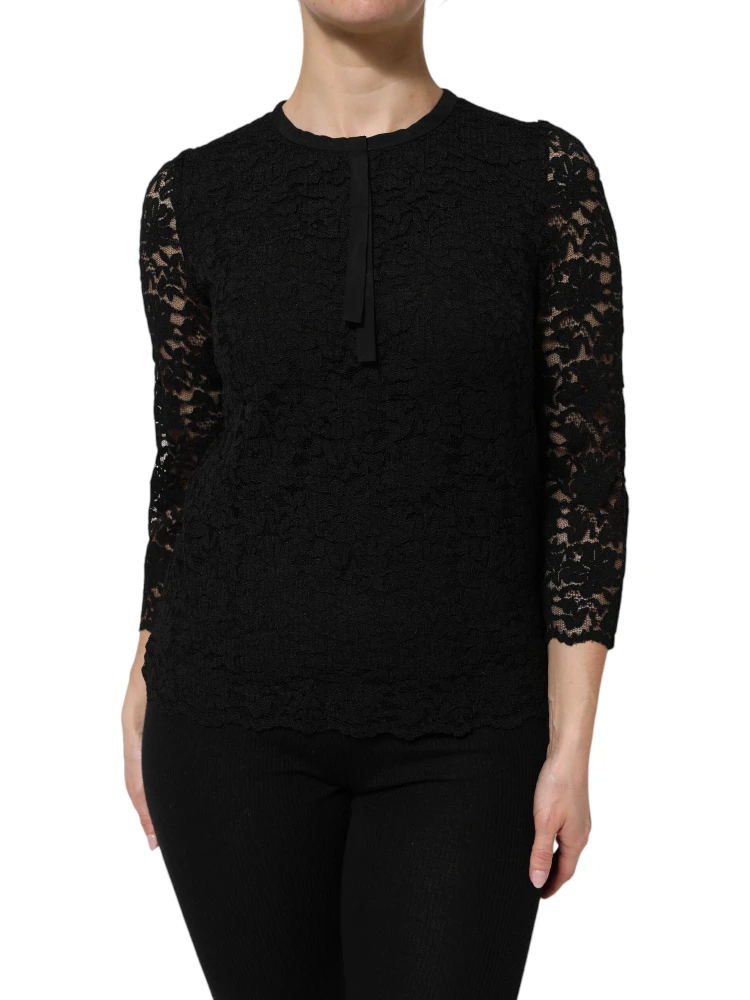 Black Nylon Lace Long Sleeve Blouse Top