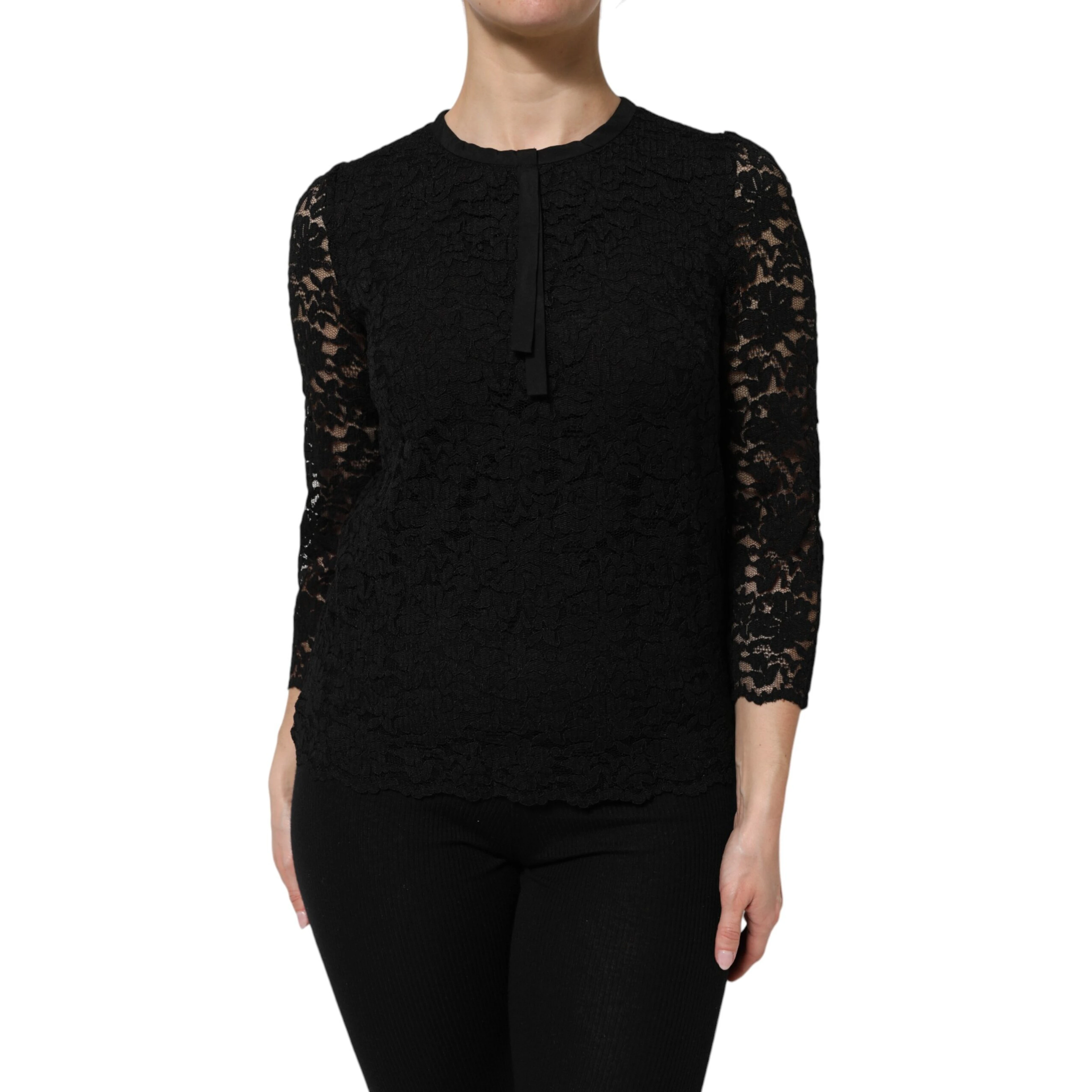 Black Nylon Lace Long Sleeve Blouse Top