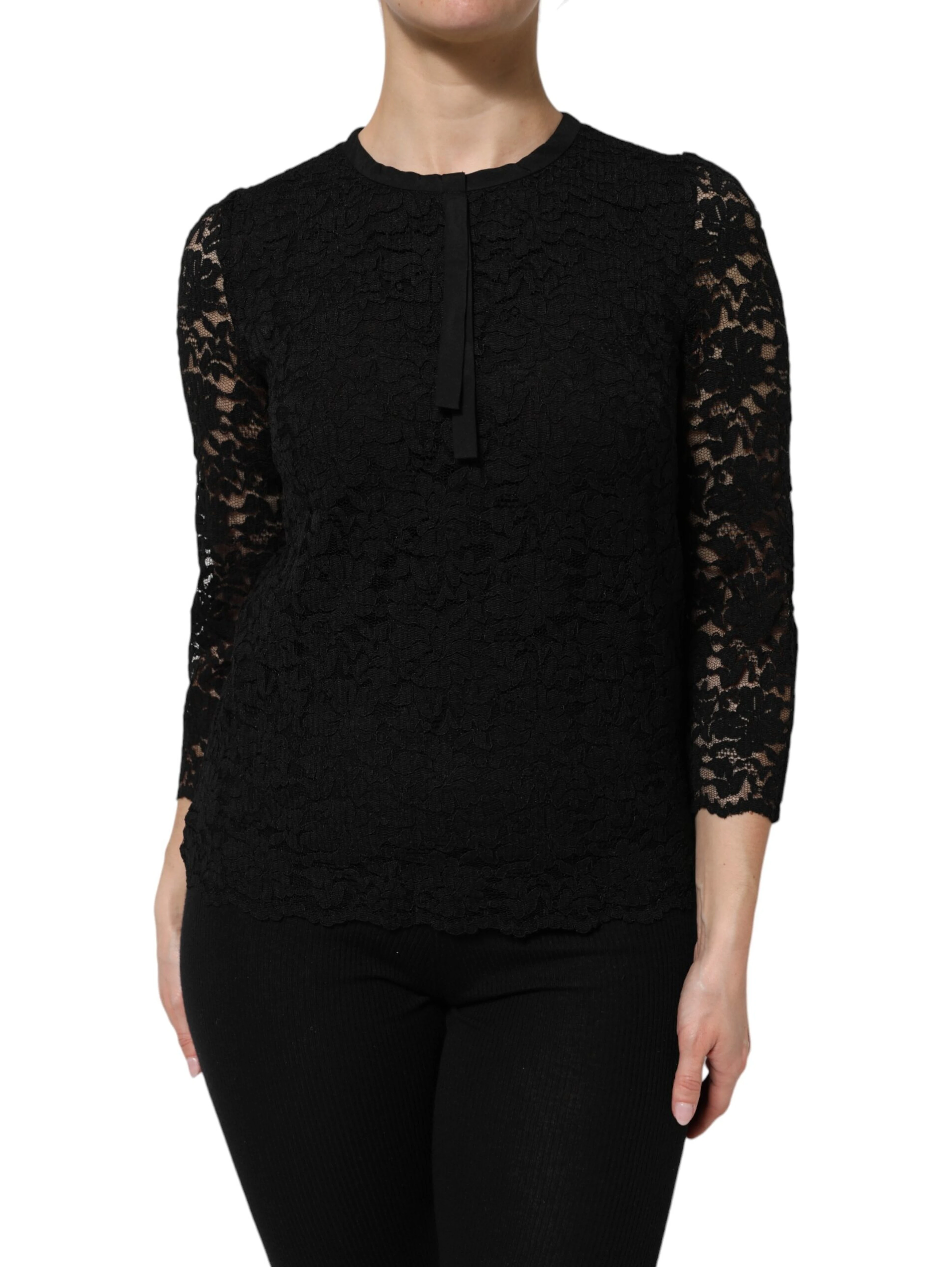 Black Nylon Lace Long Sleeve Blouse Top