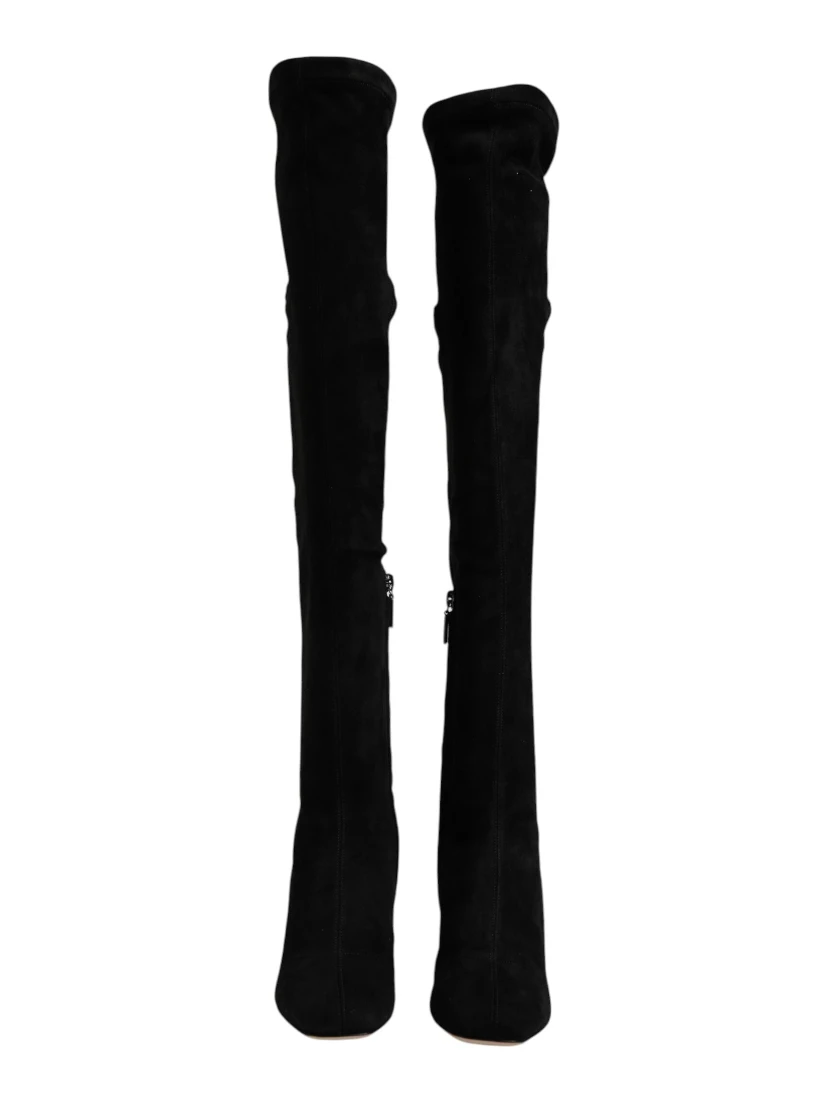 Black Suede Leather Knee High Boots Shoes