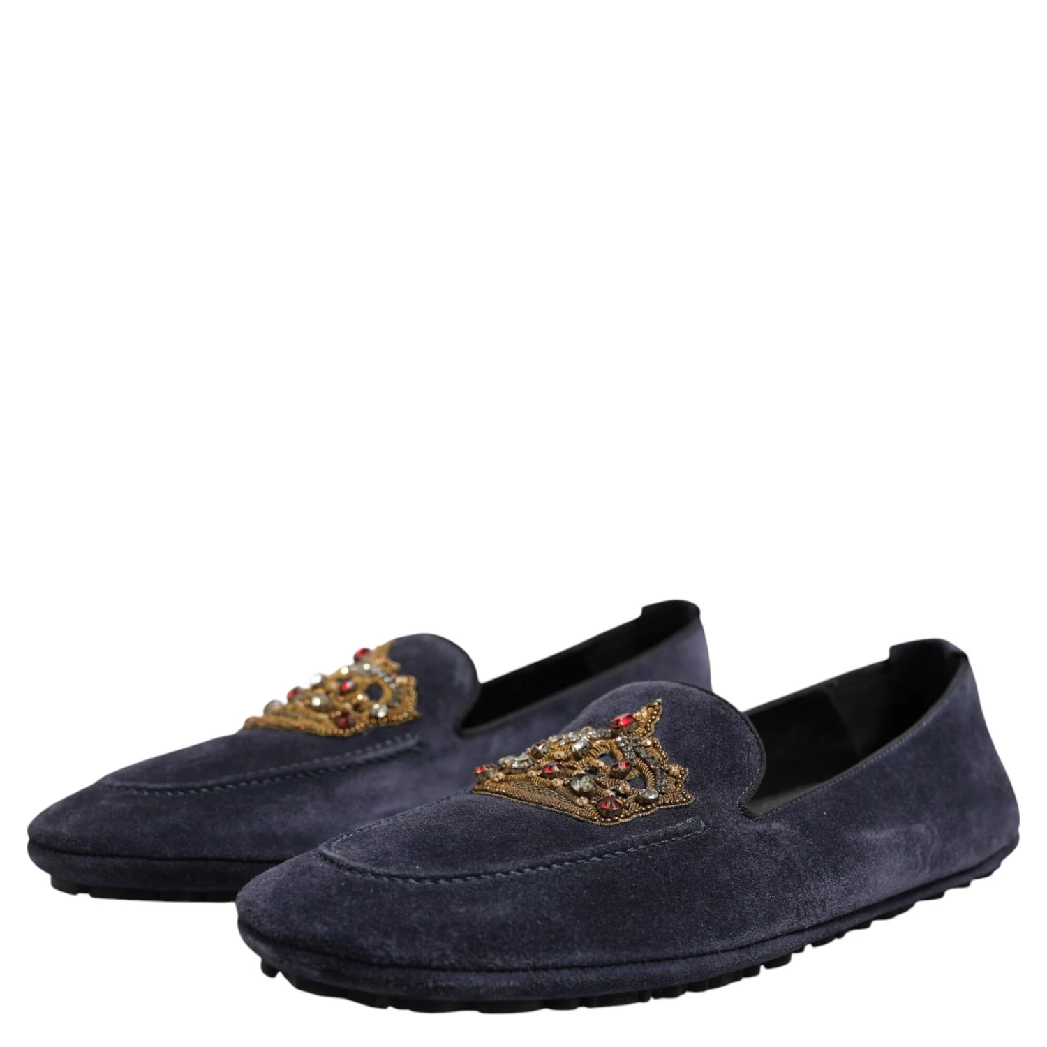Blue Suede Crown Crystal Loafers Dress Shoes