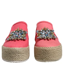 Pink Canvas Crystal Embellished Slip On Shoes