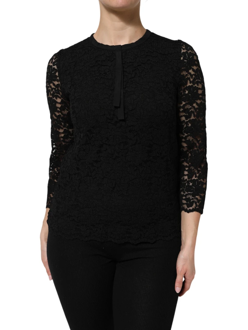 Black Nylon Lace Long Sleeve Blouse Top