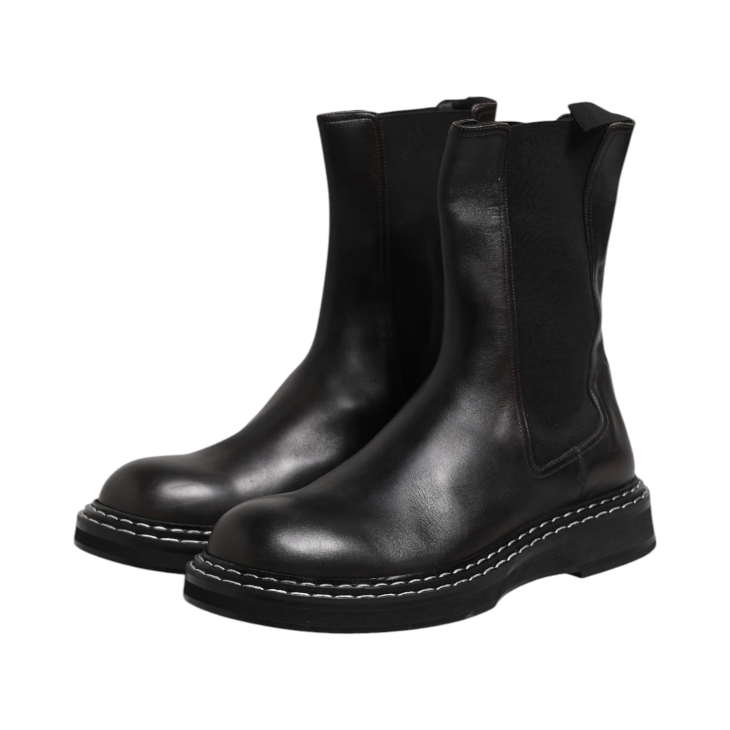 Black Leather Mid Calf Boots Flats Shoes