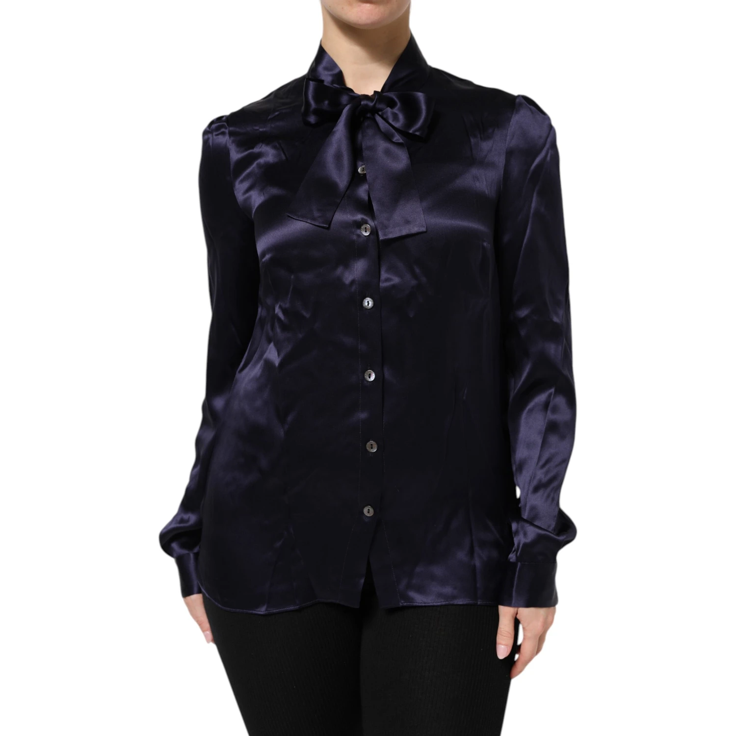 Dark Purple Silk Ascot Collared Blouse Top