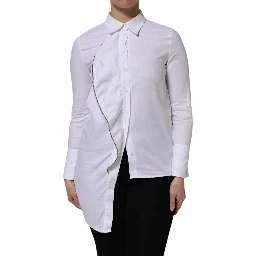 White Cotton Collared Long Sleeves Ruffle Top Shirt