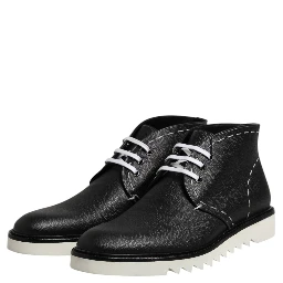 Black White Leather Ankle Boots Shoes