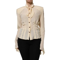 Light Yellow Ascot Collar Buttoned Blouse Top