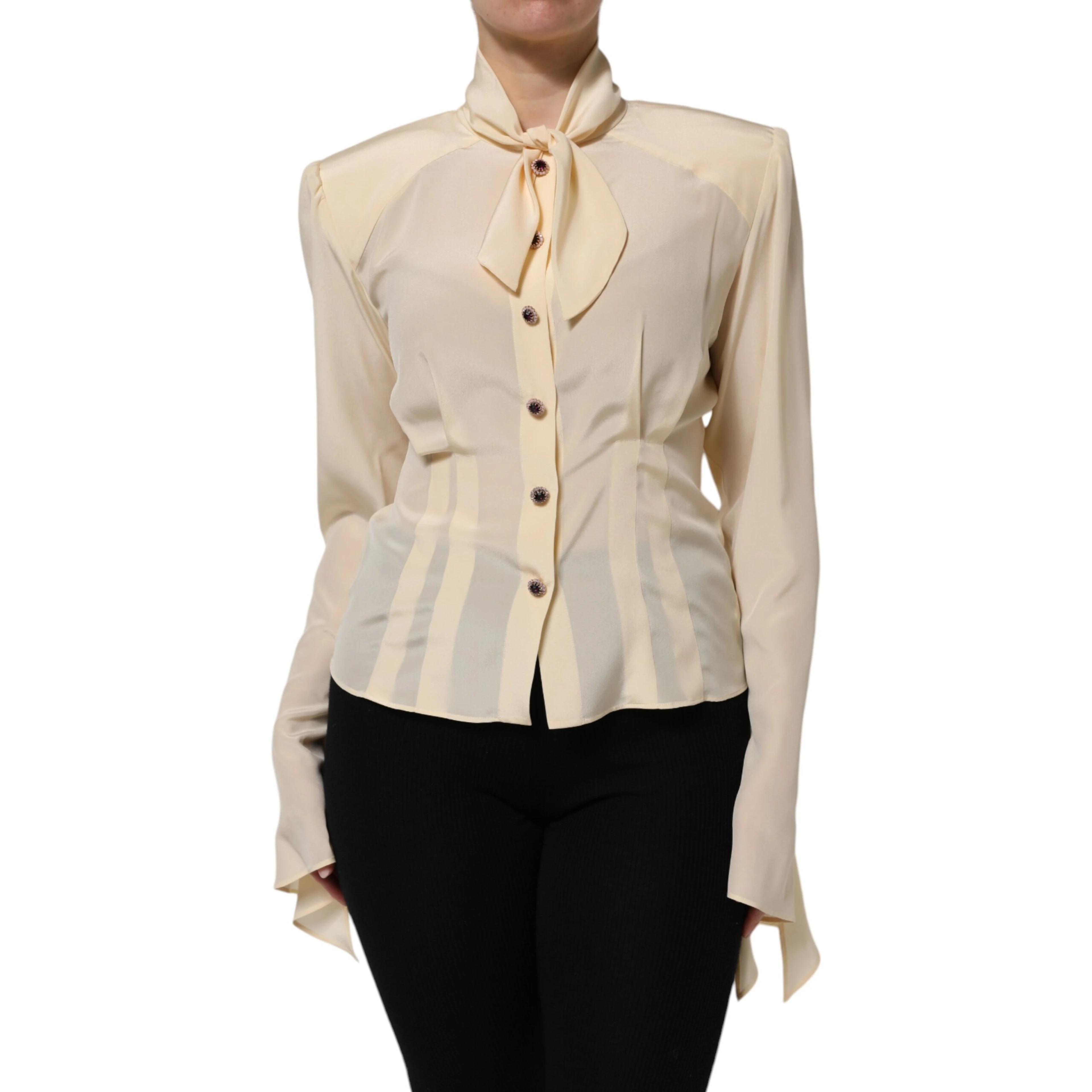 Light Yellow Silk Ascot Collared Blouse Top