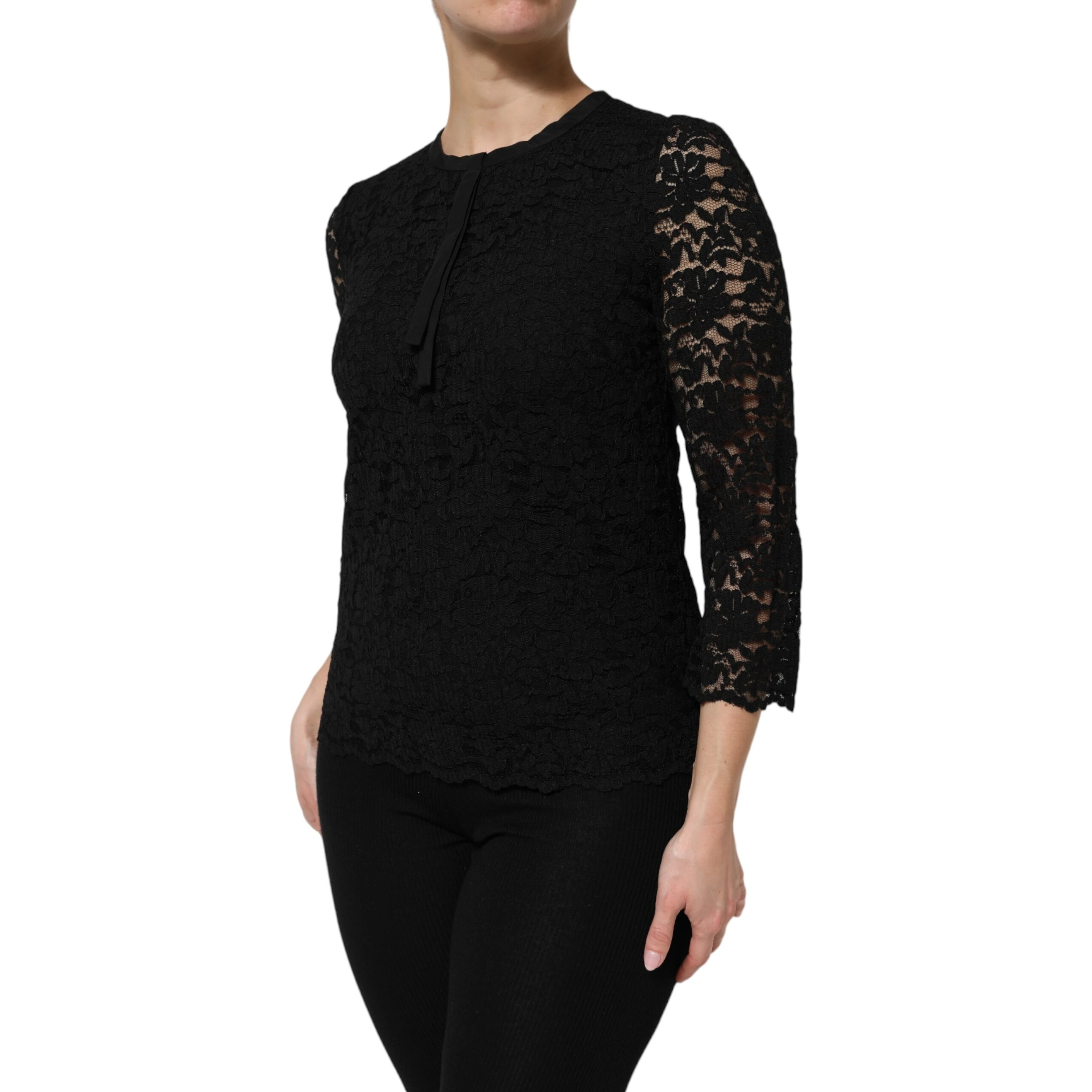 Black Nylon Lace Long Sleeve Blouse Top