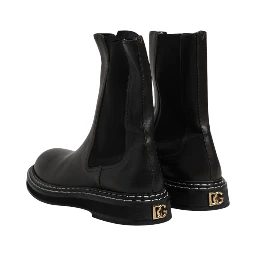 Black Leather Mid Calf Boots Flats Shoes