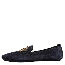 Blue Suede Crown Crystal Loafers Dress Shoes